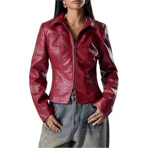 Women's Cropped Faux Leather Jacket Long Sleeve Zip Up Vintage Biker Burgundy